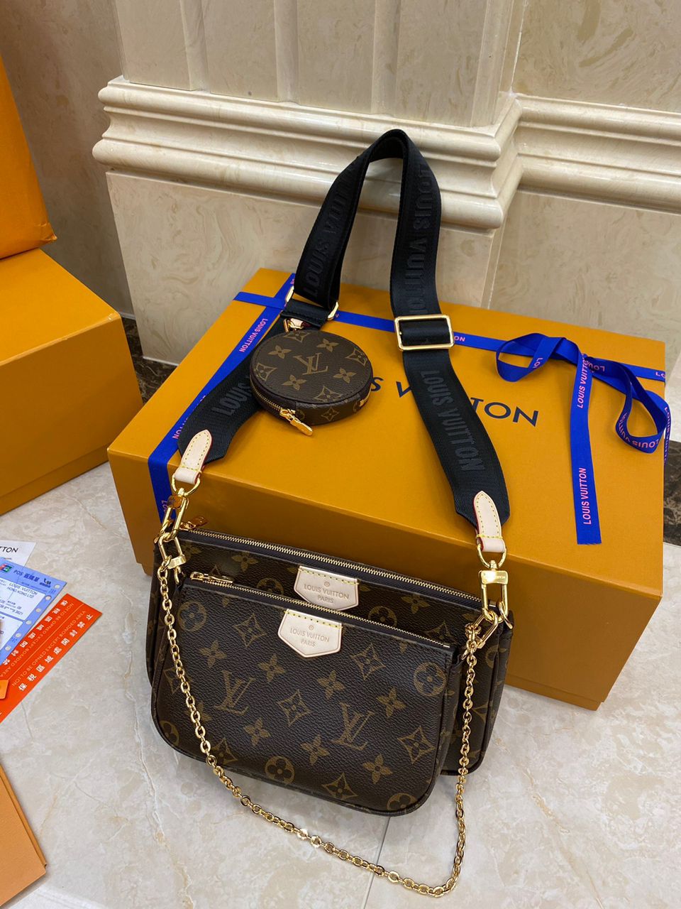 LOUIS VUITTON Monogram Multi Pochette Accessories - CRIS&COCO LOUIS VUITTON Monogram Multi Pochette Accessories. Authentic Quality Bag with literature, dust bag and authenticity card. The hottest bag of the season, the LV Monogram Multi Pochette features a hybrid of Pochettes in varying sizes coated in LV’s monogram canvas leather. The Pochette Accessoires, Mini Pochette Accessoires, and round coin purse also come with a removable Louis Vuitton inscribed Khaki strap and gold-tone chain. | CRIS&COCO Authentic Quality bags and Accessories