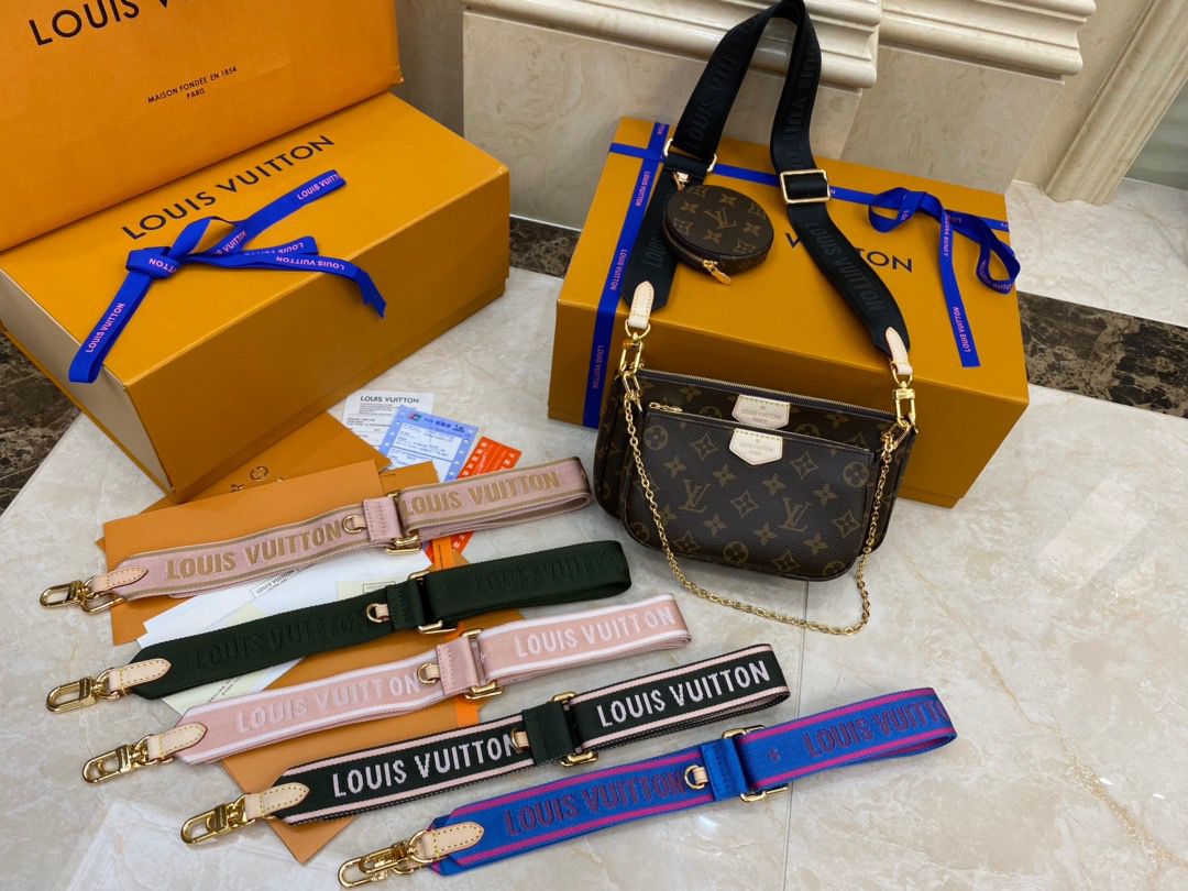 LOUIS VUITTON Monogram Multi Pochette Accessories - CRIS&COCO LOUIS VUITTON Monogram Multi Pochette Accessories. Authentic Quality Bag with literature, dust bag and authenticity card. The hottest bag of the season, the LV Monogram Multi Pochette features a hybrid of Pochettes in varying sizes coated in LV’s monogram canvas leather. The Pochette Accessoires, Mini Pochette Accessoires, and round coin purse also come with a removable Louis Vuitton inscribed Khaki strap and gold-tone chain. | CRIS&COCO Authentic Quality bags and Accessories