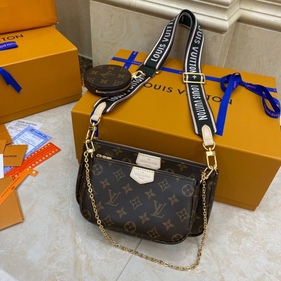 LOUIS VUITTON Monogram Multi Pochette Accessories - CRIS&COCO LOUIS VUITTON Monogram Multi Pochette Accessories. Authentic Quality Bag with literature, dust bag and authenticity card. The hottest bag of the season, the LV Monogram Multi Pochette features a hybrid of Pochettes in varying sizes coated in LV’s monogram canvas leather. The Pochette Accessoires, Mini Pochette Accessoires, and round coin purse also come with a removable Louis Vuitton inscribed Khaki strap and gold-tone chain. | CRIS&COCO Authentic Quality bags and Accessories
