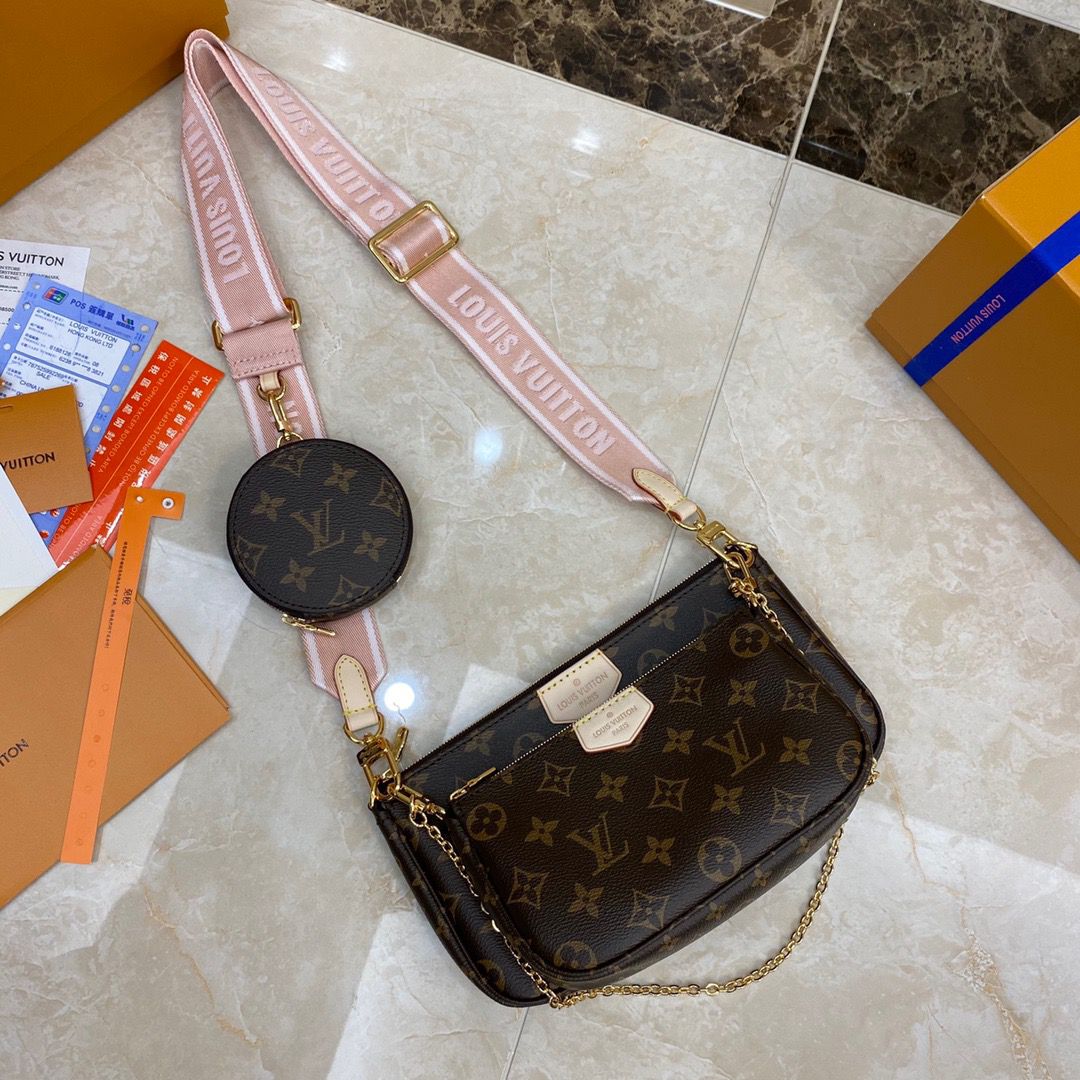 LOUIS VUITTON Monogram Multi Pochette Accessories - CRIS&COCO LOUIS VUITTON Monogram Multi Pochette Accessories. Authentic Quality Bag with literature, dust bag and authenticity card. The hottest bag of the season, the LV Monogram Multi Pochette features a hybrid of Pochettes in varying sizes coated in LV’s monogram canvas leather. The Pochette Accessoires, Mini Pochette Accessoires, and round coin purse also come with a removable Louis Vuitton inscribed Khaki strap and gold-tone chain. | CRIS&COCO Authentic Quality bags and Accessories