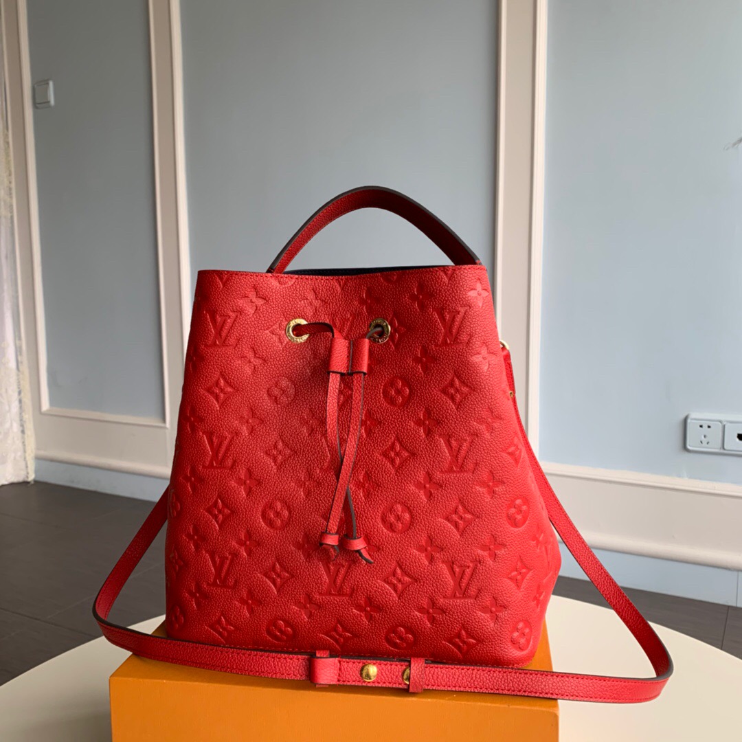 LOUIS VUITTON NéoNoé Monogram Empreinte. Original Quality Bag including gift box, literature, dust bag, authenticity card. A new iteration of the brand’s most popular bag from yesteryears, the NéoNoé in its novel avatar is introduced in stunning Monogram Empreinte. Crafted from supple embossed leather, the bag is available in Noir, Rouge, Crème, and Marine, in a standard ‘MM’ size. The trendy piece features a body-friendly design that is both light-weight as well as comfortable to carry. It comes with a detachable and adjustable strap and a removable top handle and can be doubled as an over-the-shoulder/ cross-body version or a tote variant.| CRIS&COCO Authentic Quality Designer Bags and Luxury Accessories