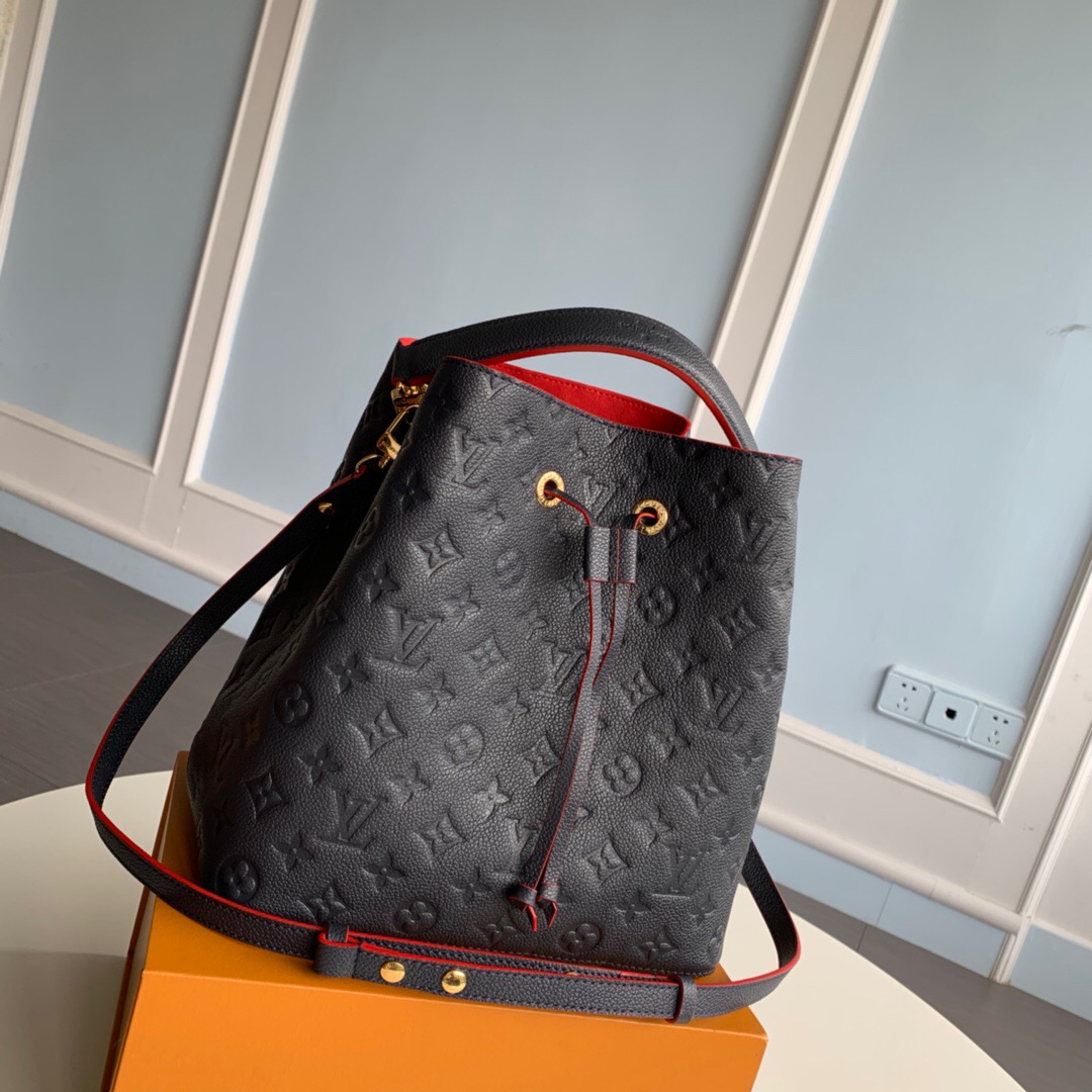 LOUIS VUITTON NéoNoé Monogram Empreinte. Original Quality Bag including gift box, literature, dust bag, authenticity card. A new iteration of the brand’s most popular bag from yesteryears, the NéoNoé in its novel avatar is introduced in stunning Monogram Empreinte. Crafted from supple embossed leather, the bag is available in Noir, Rouge, Crème, and Marine, in a standard ‘MM’ size. The trendy piece features a body-friendly design that is both light-weight as well as comfortable to carry. It comes with a detachable and adjustable strap and a removable top handle and can be doubled as an over-the-shoulder/ cross-body version or a tote variant.| CRIS&COCO Authentic Quality Designer Bags and Luxury Accessories