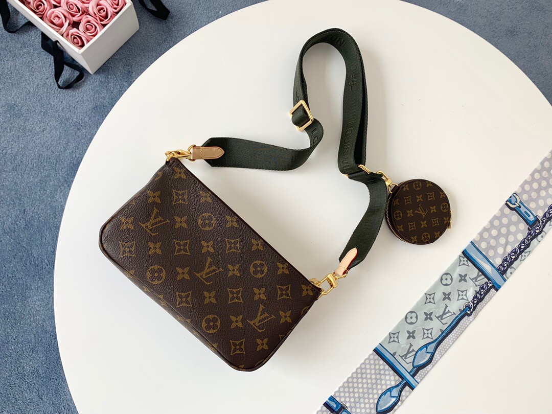 LOUIS VUITTON Monogram Multi Pochette Accessoires - CRIS&COCO LOUIS VUITTON Monogram Multi Pochette Accessories. Authentic Quality Bag with literature, dust bag and authenticity card. The hottest bag of the season, the LV Monogram Multi Pochette features a hybrid of Pochettes in varying sizes coated in LV’s monogram canvas leather. The Pochette Accessoires, Mini Pochette Accessoires, and round coin purse also come with a removable Louis Vuitton inscribed Khaki strap and gold-tone chain. | CRIS&COCO Authentic Quality bags and Accessories