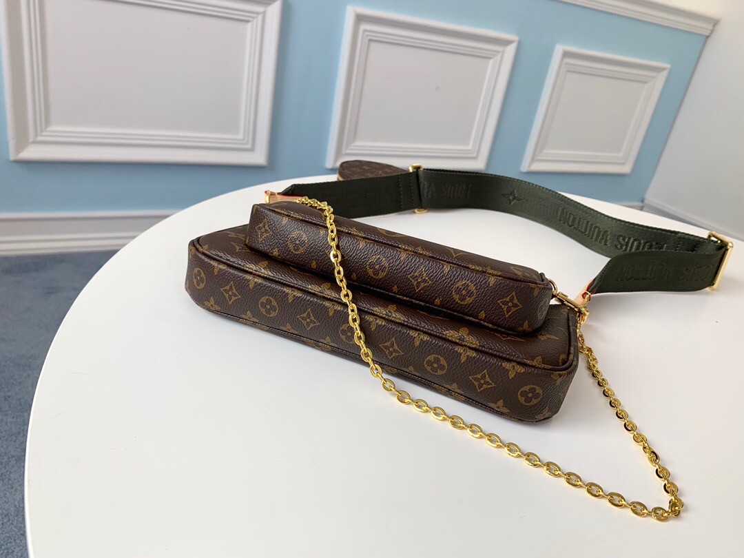 LOUIS VUITTON Monogram Multi Pochette Accessoires - CRIS&COCO LOUIS VUITTON Monogram Multi Pochette Accessories. Authentic Quality Bag with literature, dust bag and authenticity card. The hottest bag of the season, the LV Monogram Multi Pochette features a hybrid of Pochettes in varying sizes coated in LV’s monogram canvas leather. The Pochette Accessoires, Mini Pochette Accessoires, and round coin purse also come with a removable Louis Vuitton inscribed Khaki strap and gold-tone chain. | CRIS&COCO Authentic Quality bags and Accessories