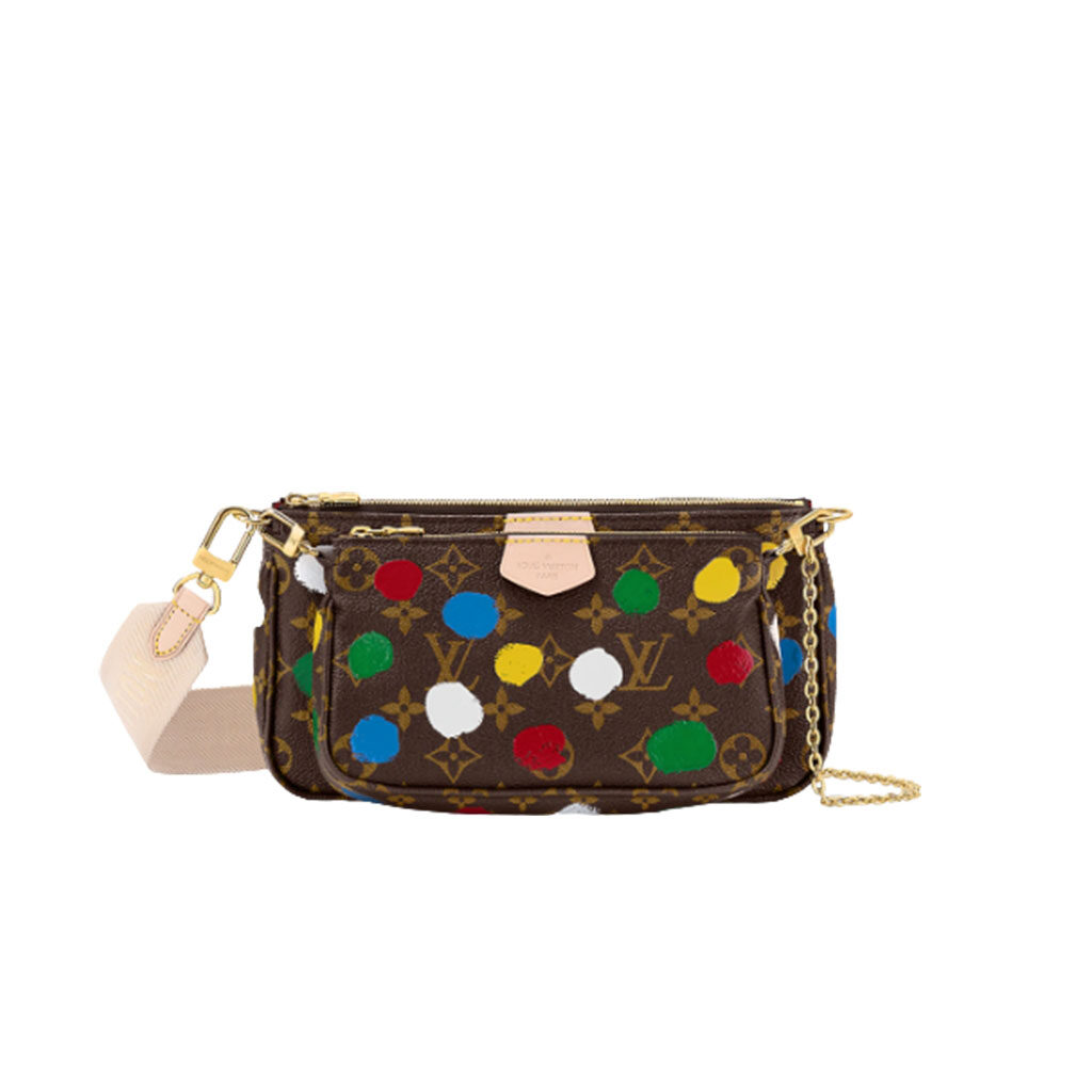 LOUIS VUITTON X Yayoi Kusama Multi Pochette Accessoires. Original Quality Bag including gift box, care book, dust bag, authenticity card. The LVxYK Multi Pochette Accessoires gets an inspired new look as part of the second Louis Vuitton x Yayoi Kusama collection. The eminent Japanese artist has used dotted patterns in her work since the beginning of her career in the 1950s. Here her colorful dots are reproduced with a hand-painted 3D effect on Monogram canvas. A collector’s item and an ultra-functional bag, with its strap, chain and removable coin purse. | CRIS&COCO Authentic Quality Designer Bag and Luxury Accessories