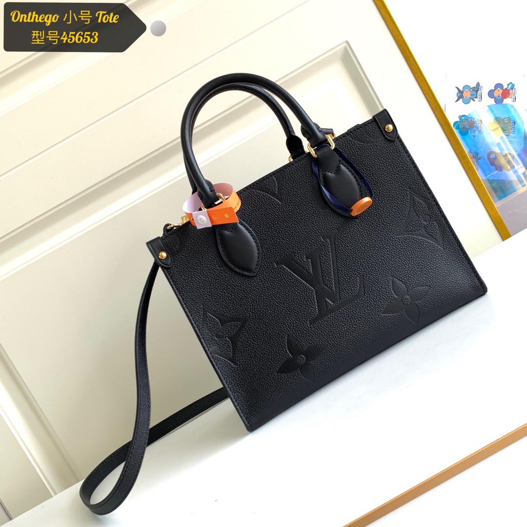 LOUIS VUITTON Onthego PM. Original Quality Bag including gift box, care book, dust bag, authenticity card. Inspired by Louis Vuitton’s famous Sac Plat from 1968, the Onthego PM tote is fashioned in Monogram Empreinte leather, embossed with a Giant Bicolor Monogram pattern. This smaller version of the original Onthego fits essentials such as an iPad Mini. Articulated top handles and an adjustable removable strap offer a variety of carry options. | CRIS&COCO Authentic Quality Designer Bags and Luxury Accessories