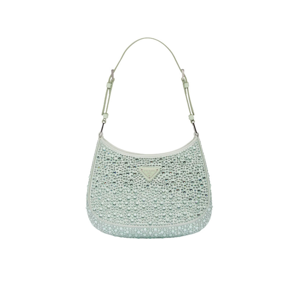 PRADA Cleo Satin Bag With Crystals. Original Quality Bag including gift box, care book, dust bag, authenticity card. Feminine, elegant and modern, the Prada Cleo bag is made of satin and embellished with luminous crystals of different sizes that give the bag refined charm. The sinuous shape that recalls archive styles makes the accessory iconic. | CRIS&COCO Authentic Quality Designer Bags and Luxury Accessories