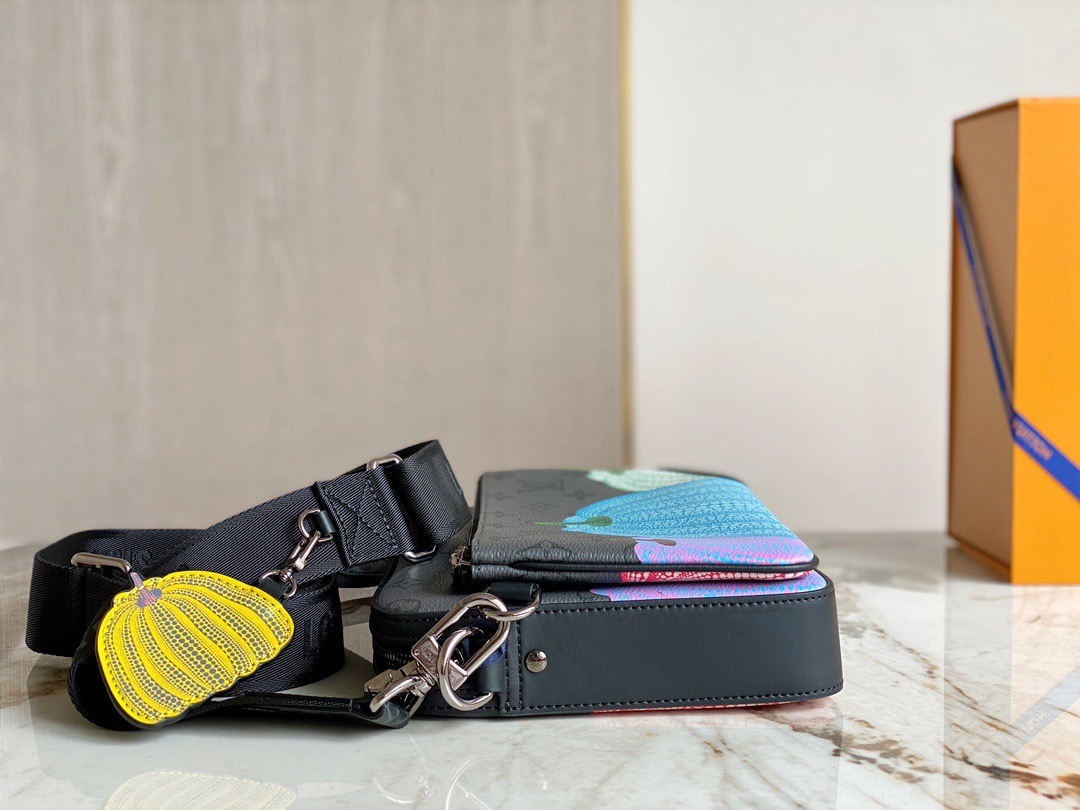 LOUIS VUITTON X Yayoi Kusama Trio Messenger. Original Quality Bag including gift box, care book, dust bag, authenticity card. The ultra-functional LVxYK Trio Messenger celebrates the joyful aesthetic of the new Louis Vuitton x Yayoi Kusama collection. The House’s iconic Monogram Eclipse Reverse canvas is printed with multicolored pumpkins, a recurring theme in the renowned Japanese artist’s work. With its removable zipped pouch and separate pumpkin-shaped coin purse, it’s a practical, versatile bag with a strikingly creative look. | CRIS&COCO Authentic Quality Designer Bags and Luxury Accessories