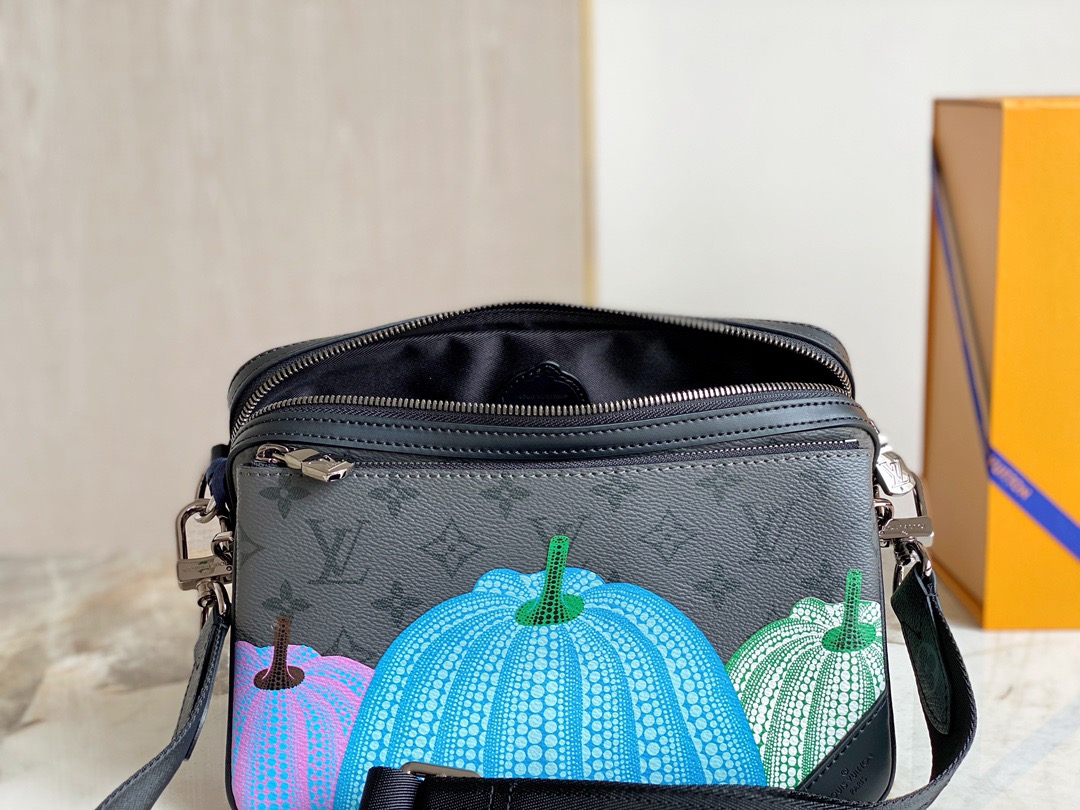 LOUIS VUITTON X Yayoi Kusama Trio Messenger. Original Quality Bag including gift box, care book, dust bag, authenticity card. The ultra-functional LVxYK Trio Messenger celebrates the joyful aesthetic of the new Louis Vuitton x Yayoi Kusama collection. The House’s iconic Monogram Eclipse Reverse canvas is printed with multicolored pumpkins, a recurring theme in the renowned Japanese artist’s work. With its removable zipped pouch and separate pumpkin-shaped coin purse, it’s a practical, versatile bag with a strikingly creative look. | CRIS&COCO Authentic Quality Designer Bags and Luxury Accessories