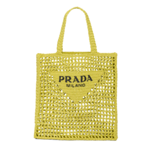 Crochet-Tote-Bag - CRIS&COCO Crochet Tote Bag. Elevate your style with Prada's signature tote bag. This tote bag is the perfect addition to any summer wardrobe! Adorned with Prada's iconic triangle logo and embroidered lettering, its soft, deconstructed design is made with a light and natural raffia-effect yarn. It's sure to add an elevated touch to your ensemble. | CRIS&COCO Authentic Quality Designer Bags and Luxury Accessories