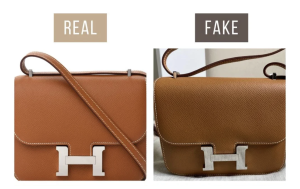 Two HERMÈS Constance bags—one real, one replica—side by side.