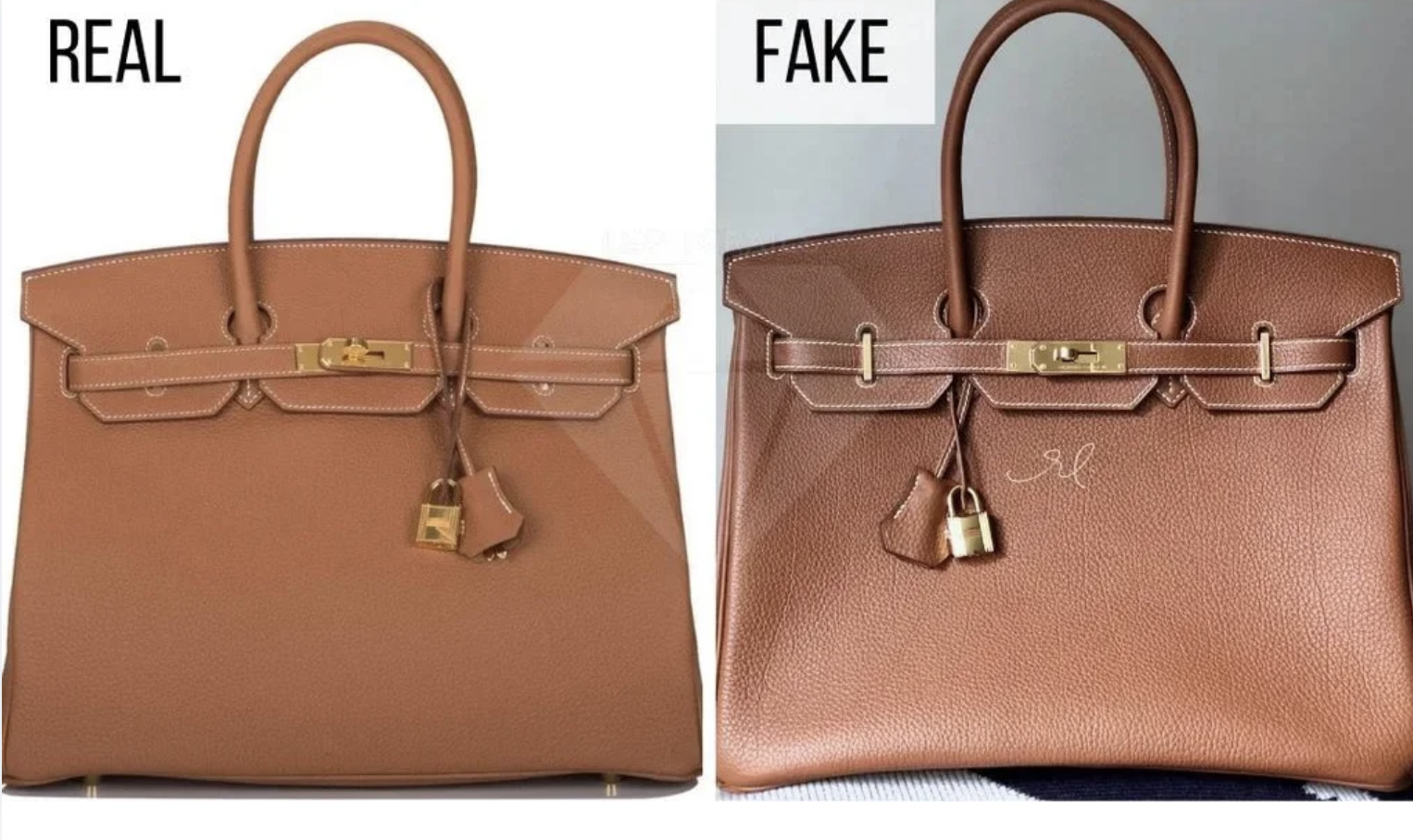 Hermes Birkin A comparison of an authentic and replica Hermès Birkin bag.