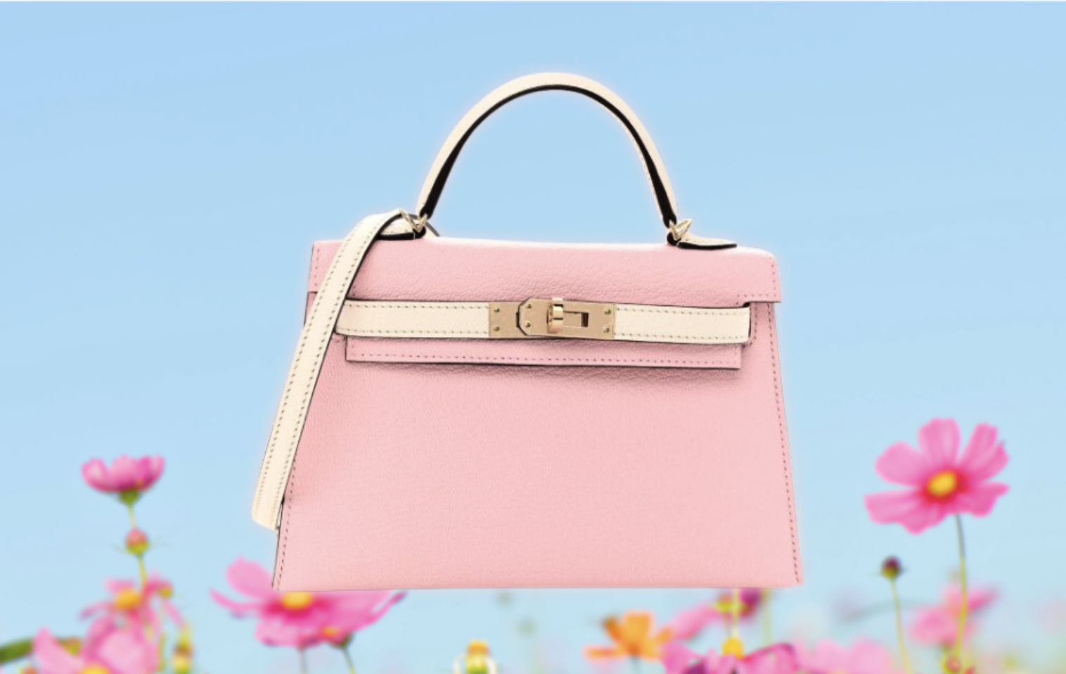 Soft pink HERMES Kelly bag in a flower-filled spring setting Pastel HERMES Kelly bag on a spring background