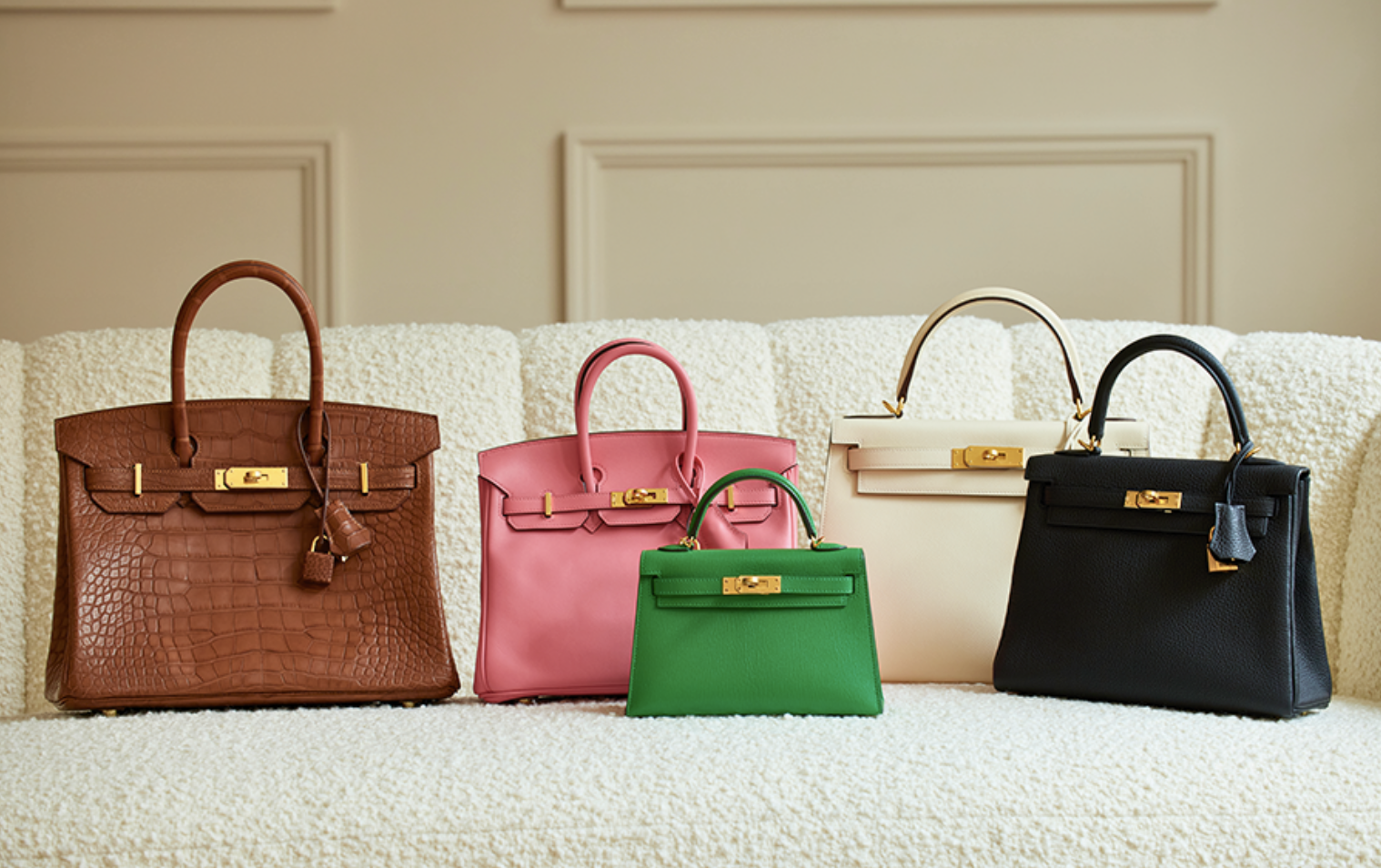 A collection of iconic designer bags displayed in a boutique window.