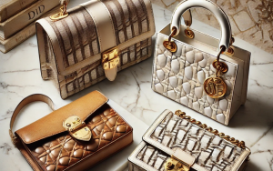 A flat-lay display of iconic DIOR bags, including the Saddle Bag, Lady Dior, and Book Tote, arranged on a white marble background with gold accents.
