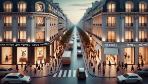 LOUIS VUITTON’s bustling flagship store juxtaposed with HERMÈS’ elegant boutique on Paris’ Avenue Montaigne.