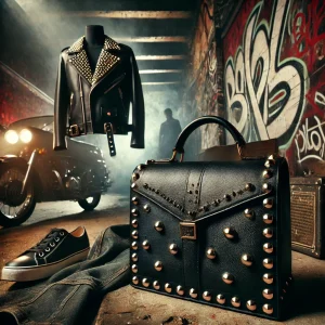 A bold leather jacket with studs, paired with a silk scarf, symbolizing rebellion and elegance.