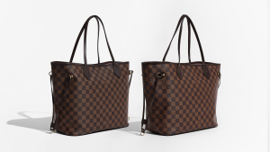 A side-by-side comparison of a genuine LOUIS VUITTON bag and a high-quality replica.