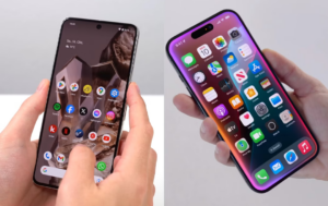 An iPHONE side by side with an ANDROID phone, comparing features.