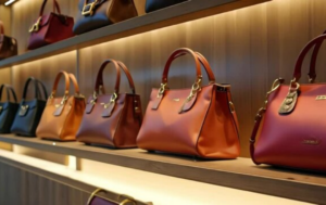 A designer boutique with luxury handbags on display.