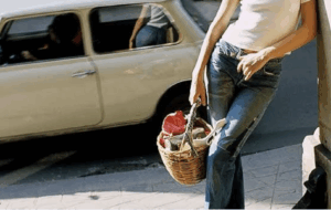 A close-up of a straw bag with lemons, sunglasses and a paperback novel spilling out