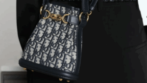 Dior C’est Bag in the signature navy Dior Oblique canvas with leather trim and gold clasp.