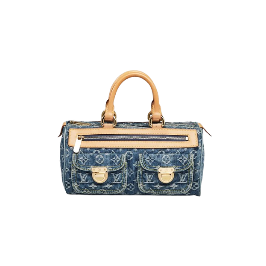 Monogram Denim Neo Speedy. Authentic quality luxury bag crafted in genuine leather comes with authenticity card, dust bag and gift bag. An Icon Reimagined in Denim. The L*OUIS *TON Denim Neo Speedy brings a fresh, fashion-forward twist to one of the House's most beloved silhouettes. Crafted from signature Monogram denim, this iconic handbag perfectly blends casual sophistication with unmistakable *OUIS *TON heritage. Accented with natural Vachetta leather rolled handles and trim, polished brass hardware, and two practical front pockets, the Neo Speedy captures effortless style with everyday functionality. A secure top zip opens to a vibrant saffron yellow Alcantara microfiber interior, complete with zip and patch pockets to keep your essentials beautifully organized. Whether paired with relaxed denim or elevated city looks, the Denim Neo Speedy is a timeless statement piece that celebrates bold design, exceptional craftsmanship, and everyday versatility.