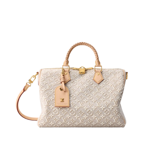 Speedy Soft 30. Authentic quality luxury bag crafted in genuine leather comes with authenticity card, dust bag and gift bag. A Modern Icon, Beautifully Reimagined. The Speedy Soft 30 redefines an iconic silhouette with a fresh expression of the House's legendary craftsmanship. Showcasing the new Monogram Emblème signature, the jacquard canvas is expertly woven to create an elegant, embroidery-inspired finish that blends heritage with innovation. Presented in the sophisticated Peuplier colorway, this edition is accented with a contrasting leather strap, beautifully braided handles, and an exclusive LV address tag for a distinctive finishing touch. Spacious enough to carry your daily essentials—including a tablet—the Speedy Soft 30 offers effortless functionality without compromising on style. Designed for modern lifestyles, this timeless handbag seamlessly combines luxury, versatility, and contemporary elegance, making it the perfect companion from workdays to weekend escapes.