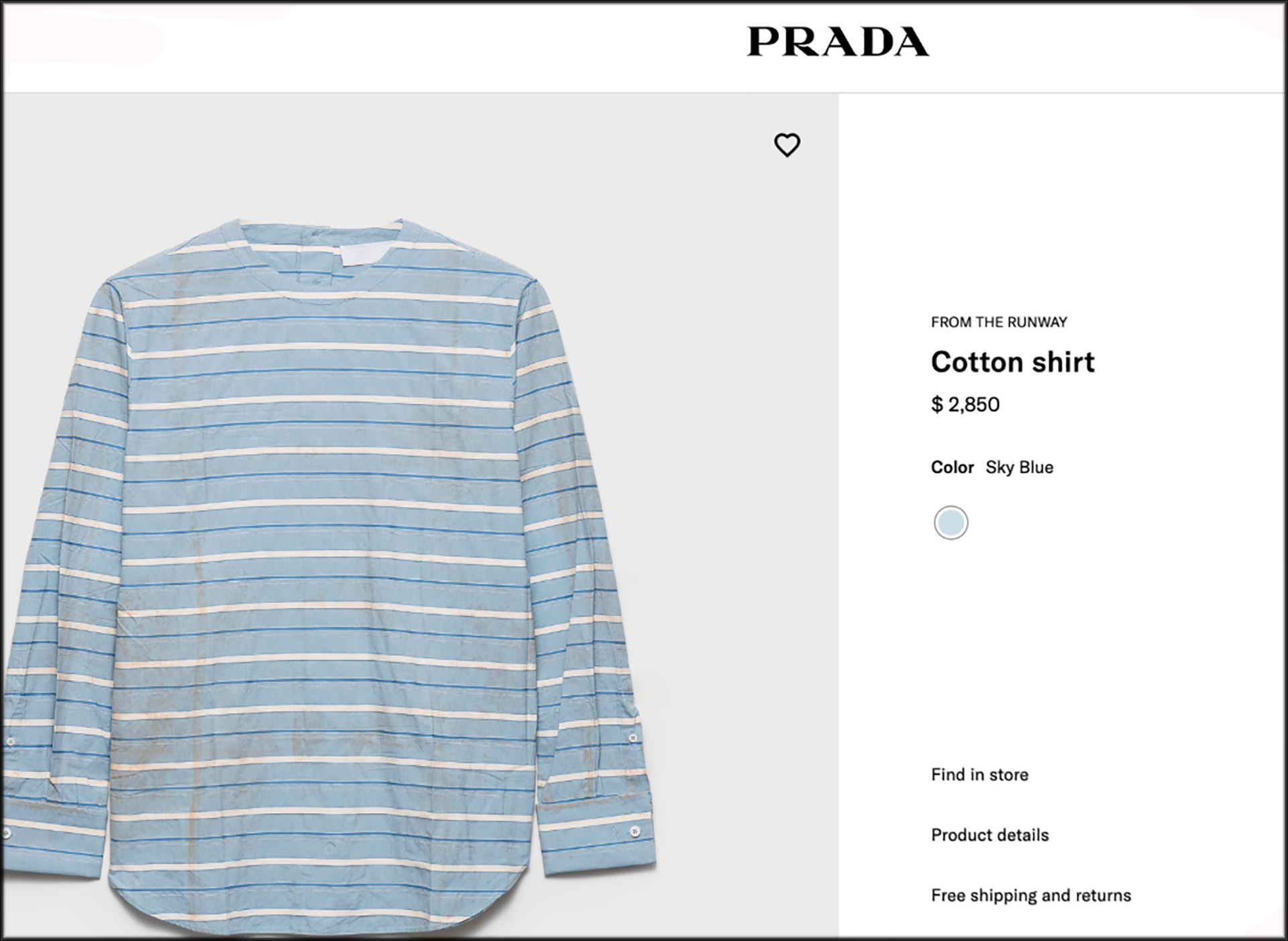 Home 3 Prada sky-blue striped cotton shirt with a deliberately worn and soiled appearance, priced at $2,850.