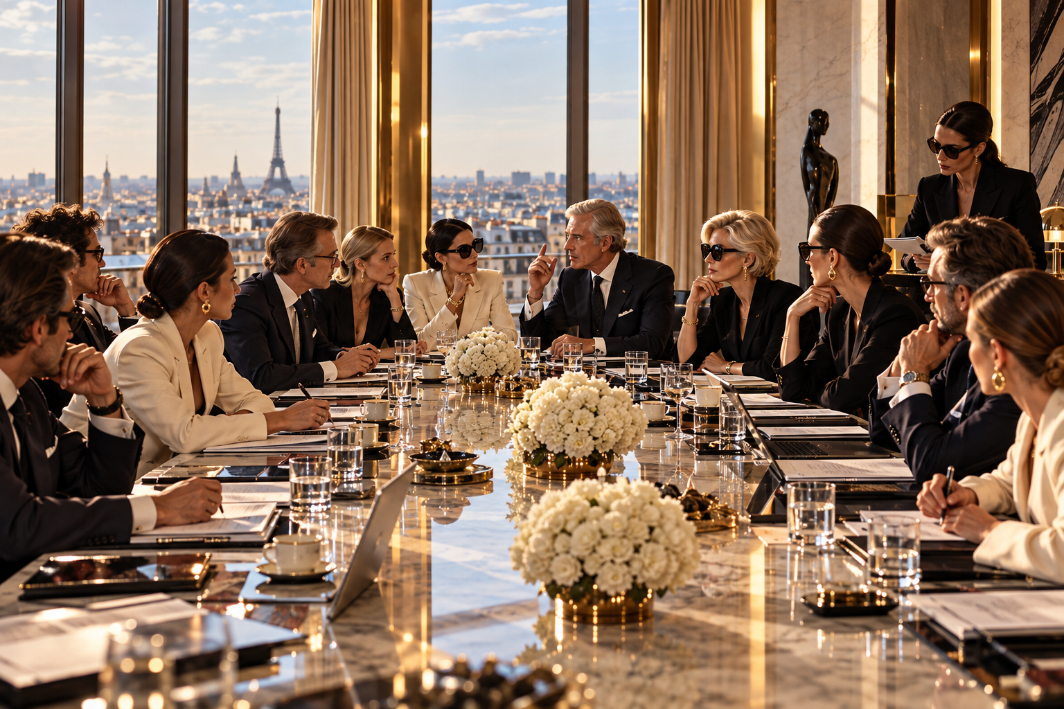 Creativity after the spreadsheet: immaculate tailoring, excellent lighting, twelve very well-dressed people, and a quarterly meeting to determine whether instinct meets projected margins.